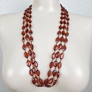 Vintage Faceted Cognac Brown Orange Acrylic Bead Triple Strand Necklace 28" Long